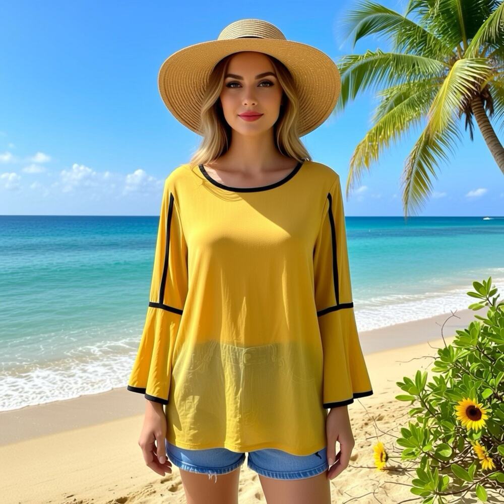Grace Perfect Fit Women M Blouse Yellow Mustard Black Trim Bell Sleeves Stretch